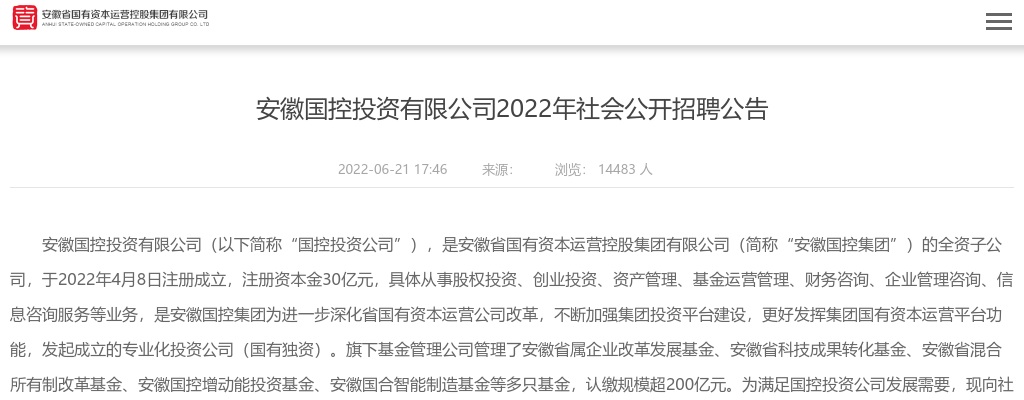 2022年安徽国控投资有限公司招聘8人公告 图片